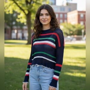 MONA Navy Ribbed Semi Sheer Multi Striped Navy Sweater Size S